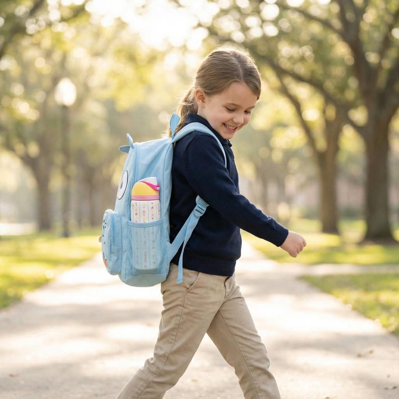 Puede incluir: Una mochila azul claro con un dise&ntilde;o de cara de monstruo, un bolsillo lateral con una botella de agua y una correa azul a juego. La botella de agua tiene una tapa rosa y un cuerpo blanco con un dise&ntilde;o estampado. La mochila la lleva una persona.