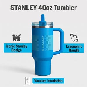 May include: A bright blue Stanley 40oz tumbler with a handle and a clear lid. The tumbler features the Stanley logo and text that reads "Vacuum Insulation". The tumbler has an ergonomic handle and an iconic Stanley design.