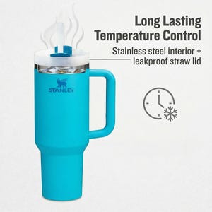 May include: A turquoise Stanley insulated mug with a handle and a straw lid. The mug has the Stanley logo and text that reads "Long Lasting Temperature Control" and "Stainless steel interior + leakproof straw lid."