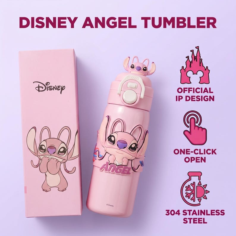 May include: A pink Disney Angel tumbler and box set. The tumbler features a cartoon Angel design and the word "Angel". The box has the Disney logo and an Angel graphic. The tumbler has a one-click open feature and is made of 304 stainless steel.
