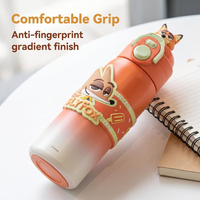 May include: Orange and white insulated water bottle with a cartoon fox design. The bottle features the text "Sly Fox" and "Yeah". The bottle has a comfortable grip and anti-fingerprint gradient finish. The top of the bottle has a fox head design.