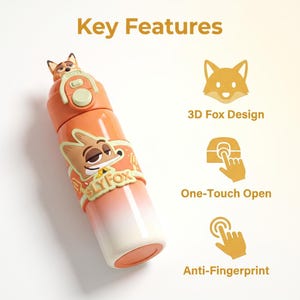 May include: Orange and white water bottle with a cartoon fox design. The bottle features a 3D fox design, one-touch open, and anti-fingerprint features. The text "Sly Fox" is visible on the bottle.