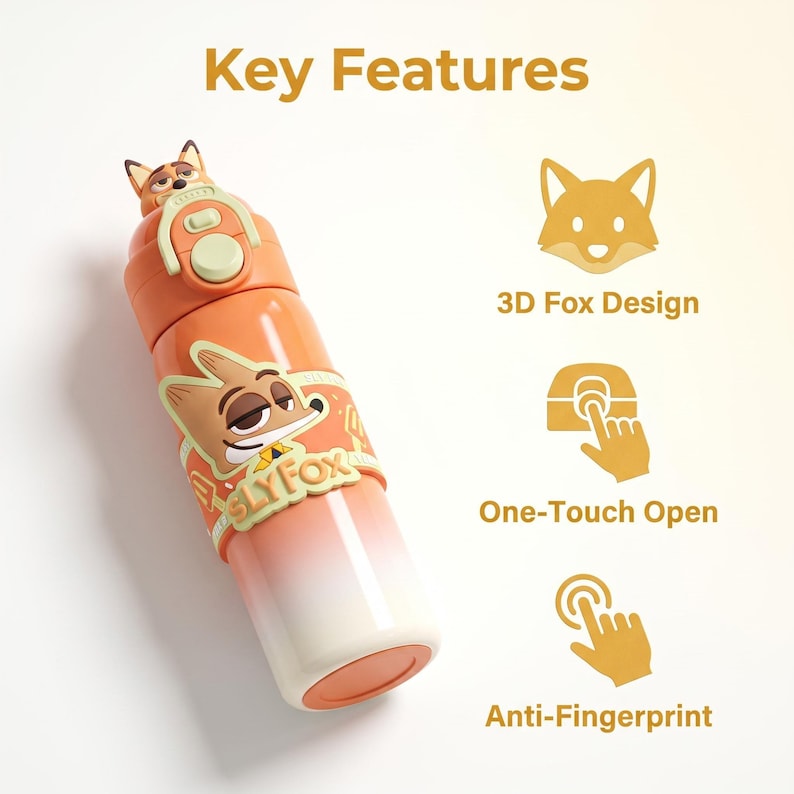 May include: Orange and white water bottle with a cartoon fox design. The bottle features a 3D fox design, one-touch open, and anti-fingerprint features. The text "Sly Fox" is visible on the bottle.