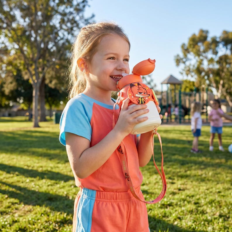 May include: A child drinks from an orange and white water bottle with a fox design. The bottle has a strap and a flip-top lid. The child is wearing a color-block shirt and shorts, standing in a park on a sunny day.