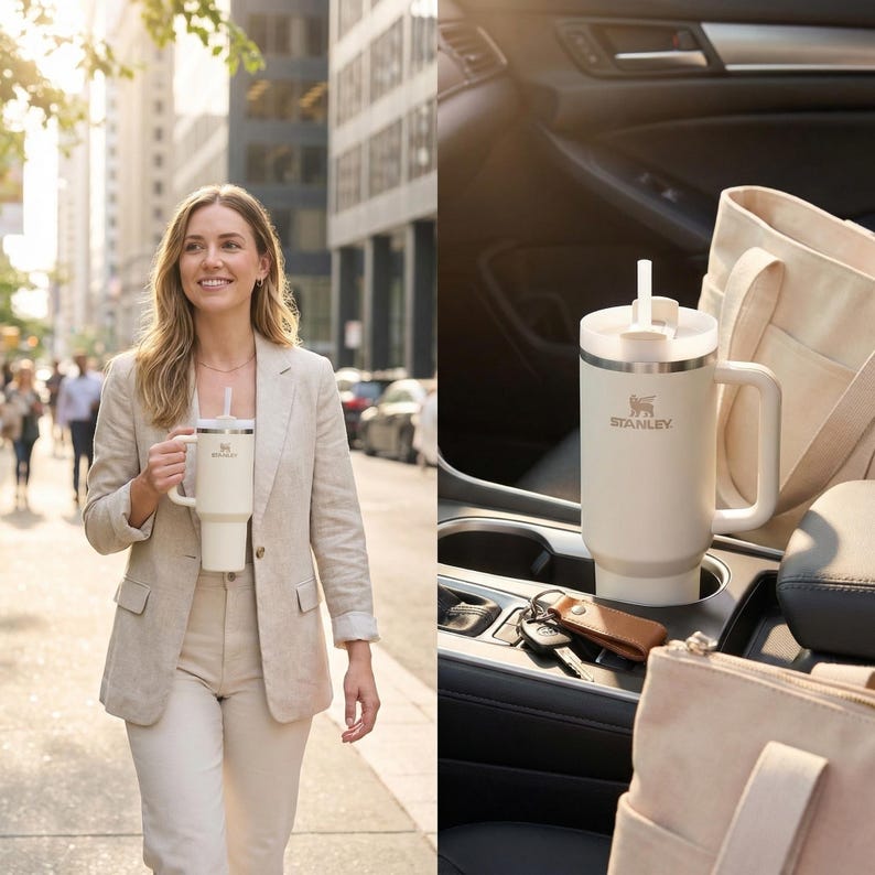 May include: A cream-coloured Stanley tumbler with a handle and straw. The tumbler is in a car's cup holder and being held by a person walking down a city street. The Stanley logo is visible on the tumbler.
