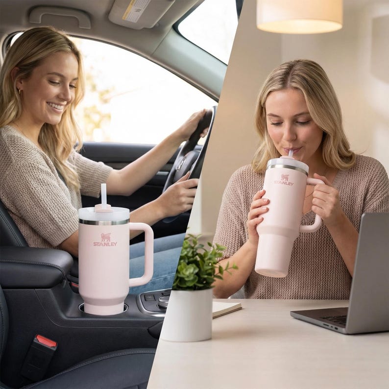 Op de afbeelding: Een lichtroze Stanley-beker met een handvat en een rietje, geplaatst in een bekerhouder in de auto en vastgehouden door een persoon. De beker heeft een wit deksel en het Stanley-logo. Een andere persoon drinkt uit de beker aan een bureau.