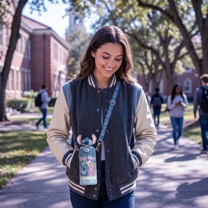 Op de afbeelding: Een marineblauwe en cr&egrave;mekleurige varsity-jas met een lichtblauwe riem met een waterfles. De waterfles heeft een Stitch-ontwerp en de woorden "Keep Palm Carry On". De jas heeft witte strepen op de manchetten en taille.