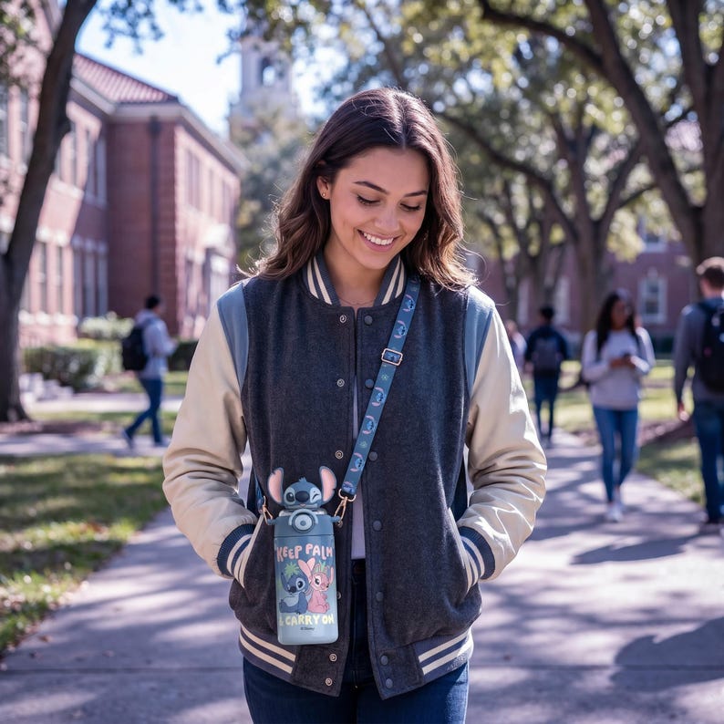 Op de afbeelding: Een marineblauwe en cr&egrave;mekleurige varsity-jas met een lichtblauwe riem met een waterfles. De waterfles heeft een Stitch-ontwerp en de woorden "Keep Palm Carry On". De jas heeft witte strepen op de manchetten en taille.