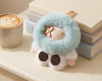 Mint Green Fluffy Bunny Plush Keychain Charm, Kawaii Bag Accessory, Luxury Style Pendant