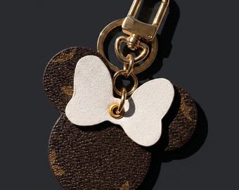 Classic Monogram Keychain Charm | Brown Vintage Floral Faux Leather Bow Bag Accessory