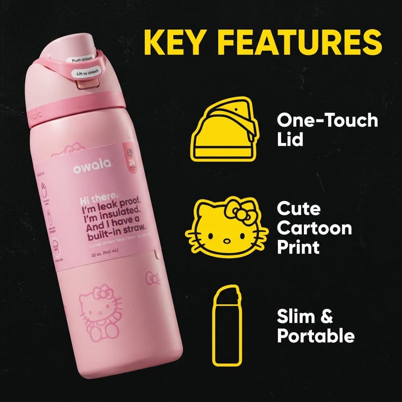 K&ouml;nnte beinhalten: Rosa Owala-Wasserflasche mit Hello Kitty-Cartoon-Print. Merkmale sind ein One-Touch-Deckel, ein eingebauter Strohhalm und Isolierung. Die Flasche fasst 945 ml und ist schlank und tragbar.