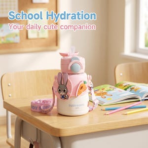 May include: Pink and white water bottle with a cartoon bunny and carrot design. The bottle has a straw and a carrying strap. Text on the bottle reads "JUDY HOPPS". The text "School Hydration Your daily cute companion" is at the top of the image.