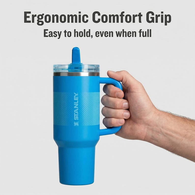 May include: A blue Stanley tumbler with a handle and a clear lid is held by a person. The tumbler has the text "Ergonomic Comfort Grip" and "Easy to hold, even when full" printed on the top. The tumbler has the brand name "STANLEY" printed on the side.