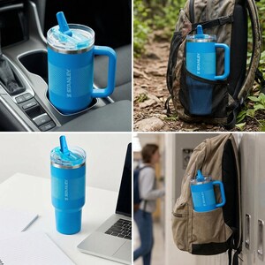 May include: A blue Stanley insulated mug with a handle and a straw. The mug is shown in various settings, including a car cup holder, a backpack pocket, and next to a laptop. The mug has a textured grip and the Stanley logo.