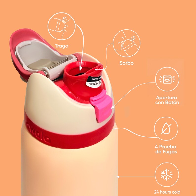 Op de afbeelding: Een cr&egrave;mekleurige waterfles met een rode en roze deksel. De deksel heeft een flip-top ontwerp en een roze knop. De fles heeft de tekst "Awala" op de zijkant. De fles is ontworpen om vloeistoffen 24 uur lang koud te houden.