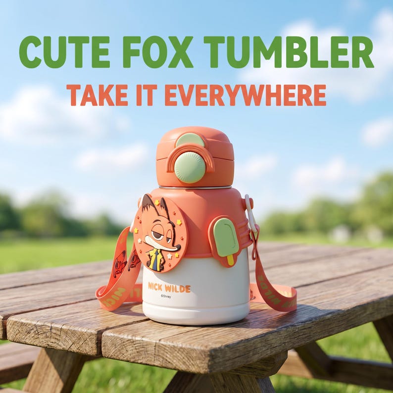 May include: An orange and white tumbler with a fox design and the text "CUTE FOX TUMBLER TAKE IT EVERYWHERE." The tumbler has a matching strap and a lid with a green accent. The design includes the character Nick Wilde.