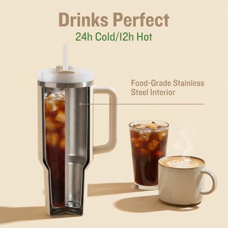 May include: A cream-coloured insulated tumbler with a handle, cutaway view showing a stainless steel interior, filled with iced coffee. Text reads "Drinks Perfect 24h Cold/12h Hot" and "Food-Grade Stainless Steel Interior". Also shown are a glass of iced coffee and a mug of latte.