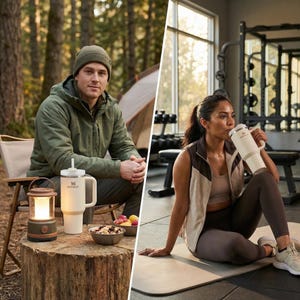 May include: A split image shows a man in a forest and a woman in a gym. The man has a white tumbler with a handle and a lantern on a tree stump. The woman drinks from a similar tumbler. Both tumblers have the "Stanley" logo.