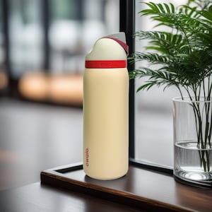 Op de afbeelding: Een cr&egrave;mekleurige waterfles met een rode band en deksel. Op de fles staat het woord "owala" in het rood. De fles staat op een houten oppervlak bij een raam met een plant.