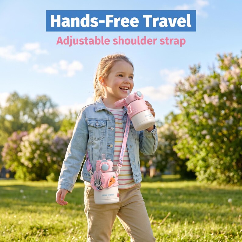 May include: A child holding a pink and white water bottle with a straw, and a matching bottle carrier with a bunny design. The carrier and bottle have an adjustable shoulder strap. The text "Hands-Free Travel" and "Adjustable shoulder strap" are visible.