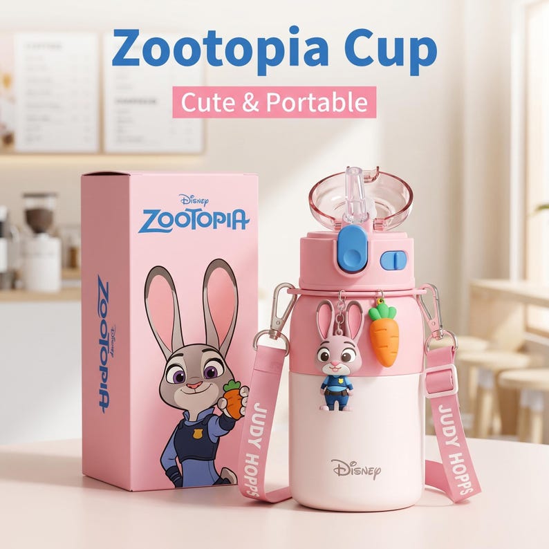 May include: Pink and white Zootopia water bottle with a Judy Hopps charm and carrot accessory. The bottle has a strap that says "Judy Hopps". The box next to it features Judy Hopps holding a carrot.