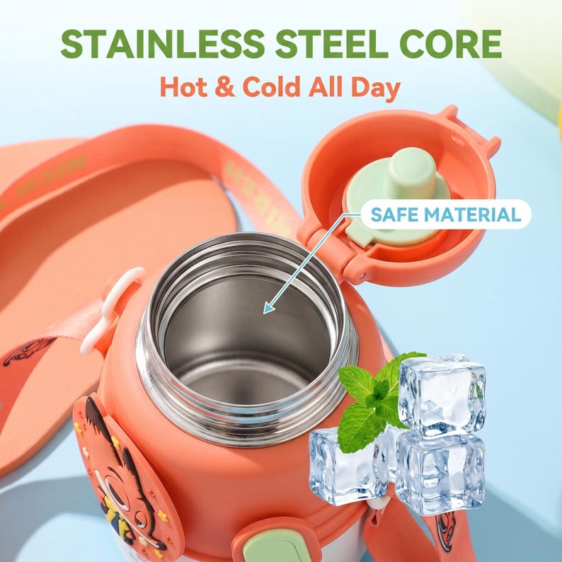 May include: An orange insulated water bottle with a stainless steel core, open lid, and a strap. The text on the bottle reads "STAINLESS STEEL CORE Hot & Cold All Day" and "SAFE MATERIAL". Ice cubes and mint leaves are next to the bottle.