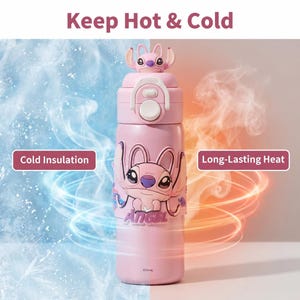 May include: Pink insulated water bottle with a cartoon character design. The bottle has a flip-top lid and a character figure on top. The text reads "Keep Hot & Cold", "Cold Insulation", and "Long-Lasting Heat".