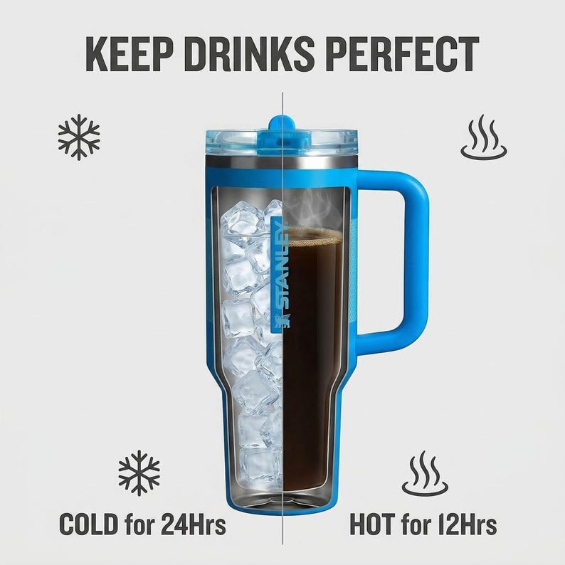 May include: A blue and silver insulated tumbler with a handle, filled with ice and coffee. The text "KEEP DRINKS PERFECT" is at the top. The tumbler keeps drinks cold for 24 hours and hot for 12 hours.