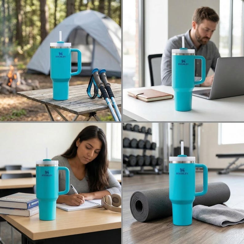May include: A teal Stanley tumbler with a handle and straw is shown in various settings: camping, working at a desk, studying, and at a gym. The tumbler has a white lid and the Stanley logo. It is a large, insulated travel mug.