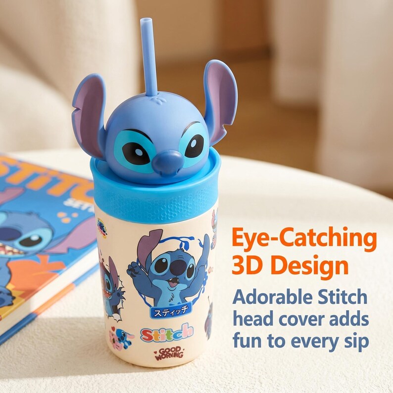 May include: A blue and beige Stitch-themed tumbler with a 3D Stitch head cover and a blue straw. The tumbler features Stitch graphics and the text "Stitch" and "Good Morning".