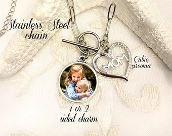 Photo Necklace Picture Charm Paperclip Necklace Mothers Day Gift Mom Wife Gift New Mother Picture Jewelry 1 or 2 Sided Photo Charm