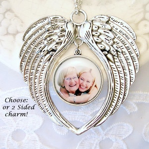 Photo Memorial Ornament Angel Wings Christmas Gift for Mom Sympathy Gift Pet Loss 1 or 2 sided Picture Charm Rear View Mirror Charm