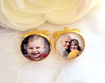 Gold Photo Cufflinks Gift for Groom Personalized Picture Cuff links Groom Gift From Bride Memorial Cufflinks Customized Photo Gift