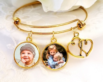 Gold Photo Charm Bracelet Custom Photo Jewelry Wife Gift Grandmother Gift Picture Jewelry Child Pet Photos Mom Gifts Add Message or Logo