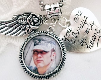 Photo Memory Necklace Sympathy Jewelry Gift Loss of Mom Grandmother Brother Son Memorial Photo Charm Angel Wing