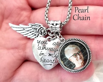 Photo Charm Memorial Necklace Picture Jewelry Sympathy Gift Loss of Mom Grandmother Brother Son Memory Photo Charm Angel Wing Charm