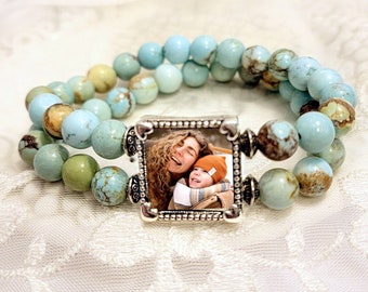 Turquoise Photo Bracelet Mothers Day Picture Bracelet Gift for Mom Grandmom Gift Picture Jewelry Memory Bracelet Natural Stone Bracelet