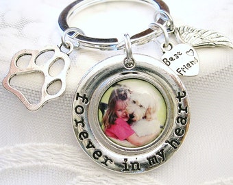 Dog Memorial Key Chain Cat Photo Charm 2 Sided Pet Loss Picture Jewelry Forever in My Heart Photo Gift Sympathy Gift