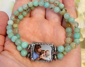 Seafoam Beaded Photo Bracelet Photo Gift for Wife Mom Girlfriend Gift Natural Stone Beaded Seafoam Color Stone Beads