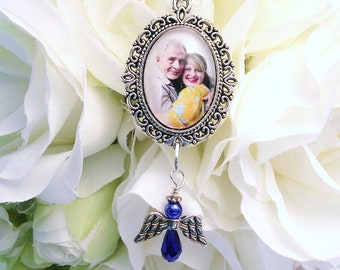 2 Guardian Angels Bridal Shower Gift Bride Gift Something Blue Glass Wedding Bouquet Charm Mom and Dad Memory Pin Loss of two loved ones