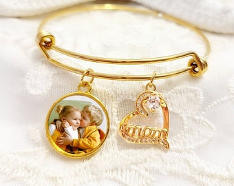 Mom Gold Photo Charm Bracelet Mothers Day Jewelry Wife Gift Picture Jewelry Child Mom Gift Pave Cubic Zirconia Mom Heart Charm