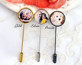 Photo Stick Pin  Wedding Memorial Groom Gift Best Man Gift Boutonnière Memorial Charm Father of Bride Memory Jewelry Silver Gold or Bronze