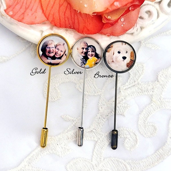 Photo Stick Pin  Wedding Memorial Groom Gift Best Man Gift Boutonnière Memorial Charm Father of Bride Memory Jewelry Silver Gold or Bronze