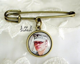 Photo Charm on Pin Groom Gift from Bride Wedding Gift Grandmother Memory Charm Grandfather Sympathy Gift Bronze or Silver 1 or 2 Sided Charm