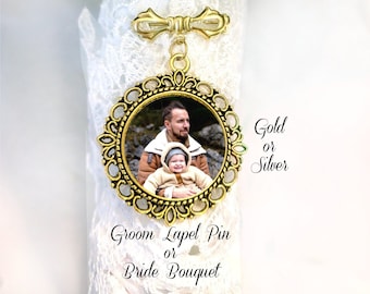 Gold Wedding Bouquet Memory Photo Charms Bride Groom Memorial Keepsake Charm Communion Graduation Baptism Funeral Picture Pin Sympathy Gift