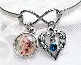 Photo Charm Infinity Bracelet Mom Jewelry Gift Memory Jewelry Sympathy Gift Picture Bangle Bracelet ADD Angel Wings Heart + ADD Birthstone