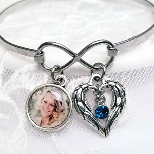 Photo Charm Infinity Bracelet Mom Jewelry Gift Memory Jewelry Sympathy Gift Picture Bangle Bracelet ADD Angel Wings Heart + ADD Birthstone