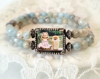 Photo Charm Bracelet Mothers Day Gift for Mom Grandmother Wife Picture Jewelry Natural Stone Bead Bracelet Pet Memory Jewelry Photo Gift