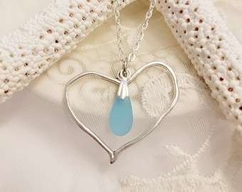 Sea Glass Heart Necklace Aqua Tear Drop Mothers Day Gift Wife Necklace Beach Jewelry Birthday Gift for Her