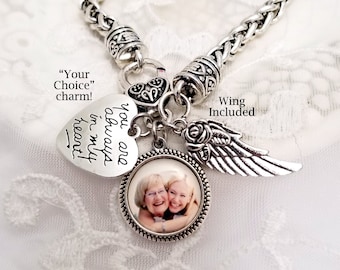 Photo Memory Charm Bracelet Picture Bracelet Memorial Jewelry Loss of Grandmother Loss of Mother Sympathy Gift Angel Wing Charm Memorial